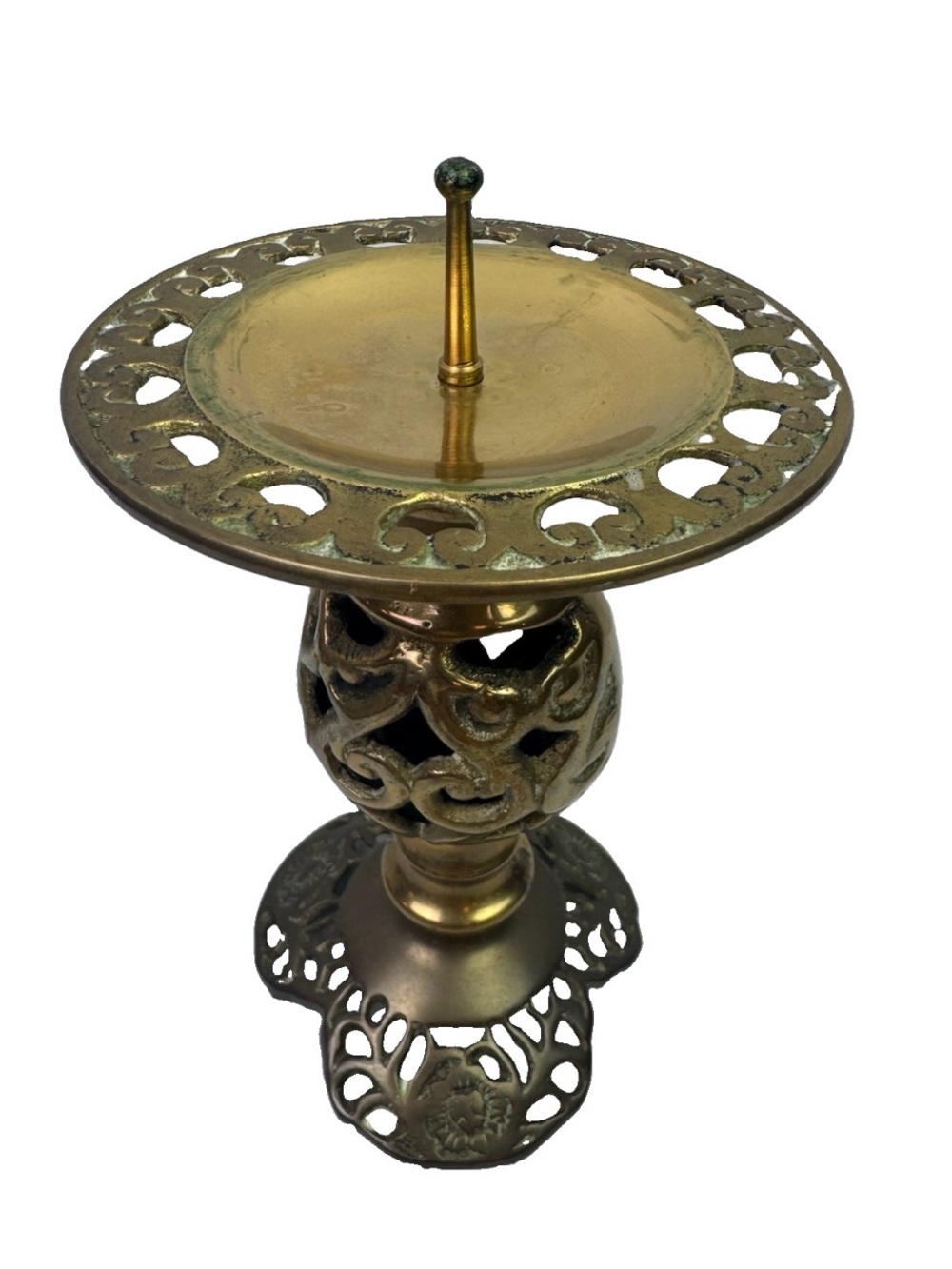 Vtg Solid Brass Pillar Candle Holder Ornate Filigree Style Scroll Candlestick 6"